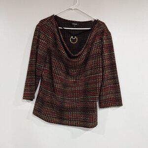 Lindor Sparkle Checkered 3/4 Sleeve Top with Built-in Necklace Red Black Size XL